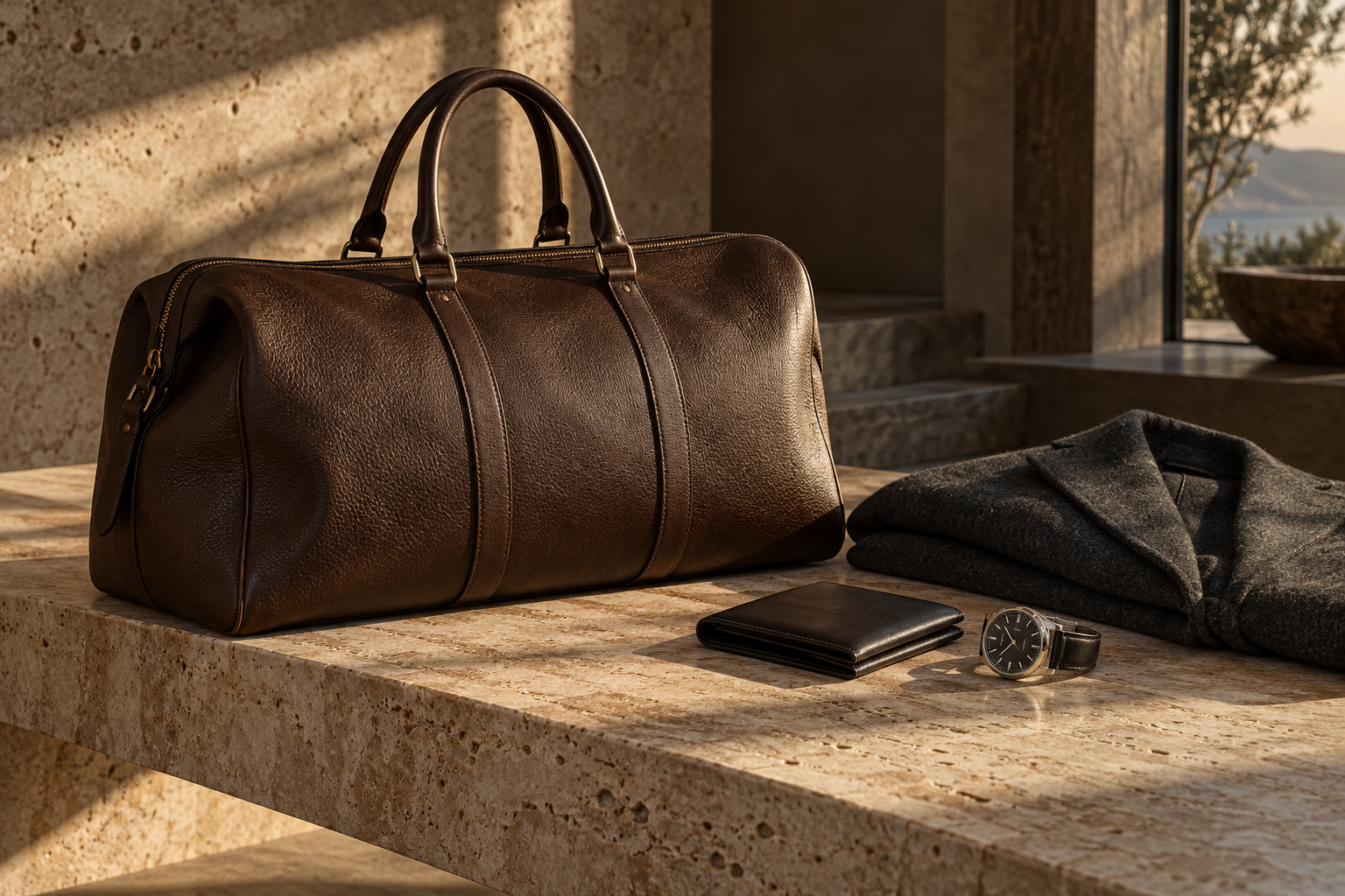 Burgundy leather craftsmanship and gold jewelry in a warm stone atelier